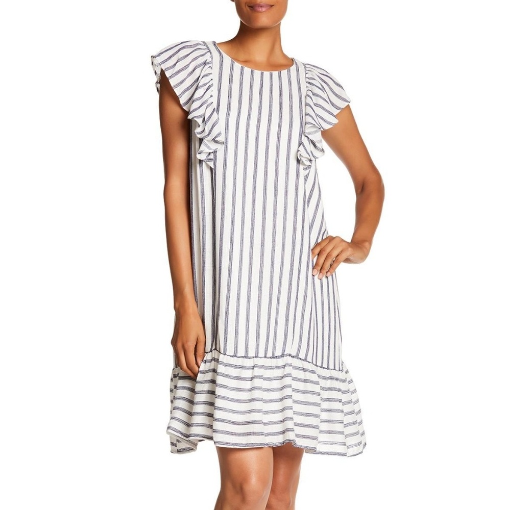 Anthro everleigh blue white striped ruffle dress